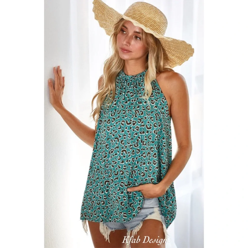 LAST ONE!! Limited Time! Leopard Print Blue Marine Crinkle Halter Top! - Picture 5 of 10